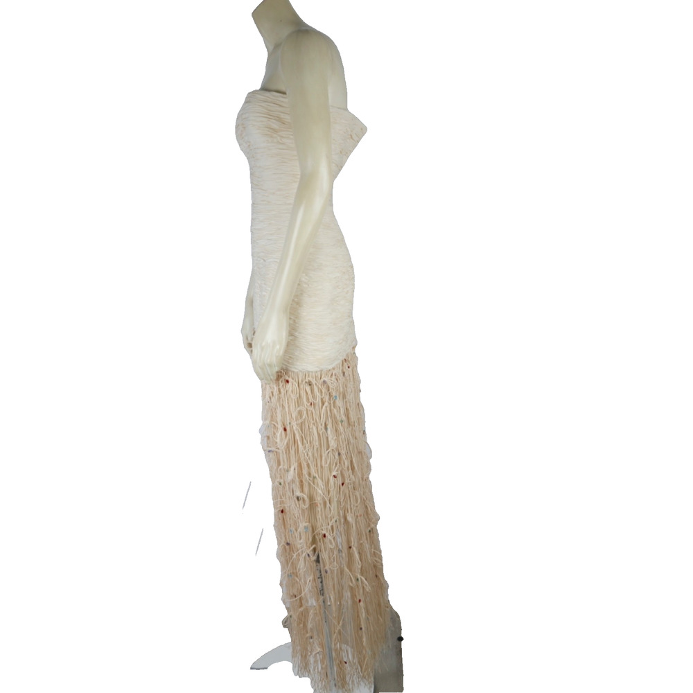Vintage Couture Dress Size XS One Of A Kind Strapless Ruched Beaded Fringe Gown